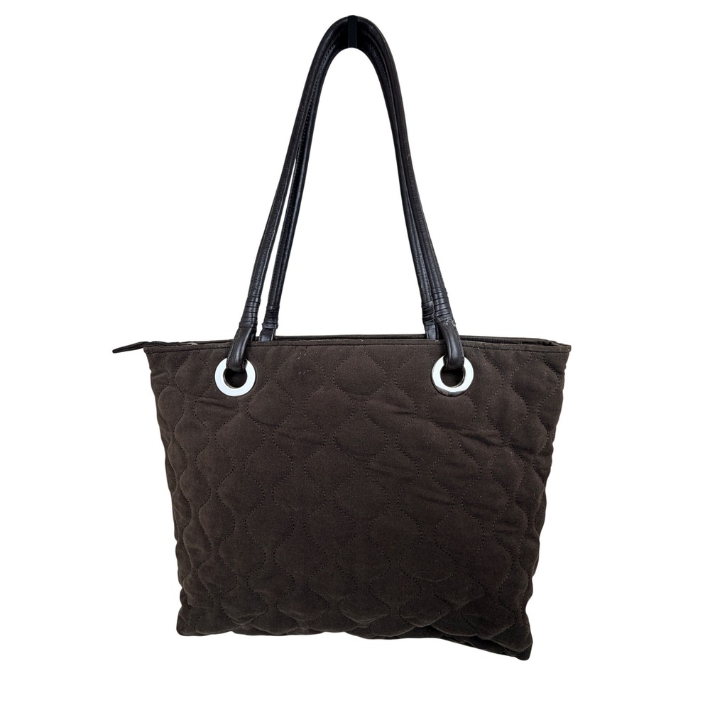 Talbots Brown Quilted Tote Bag Silver Grommet Zip Top Shoulder Bag Womens